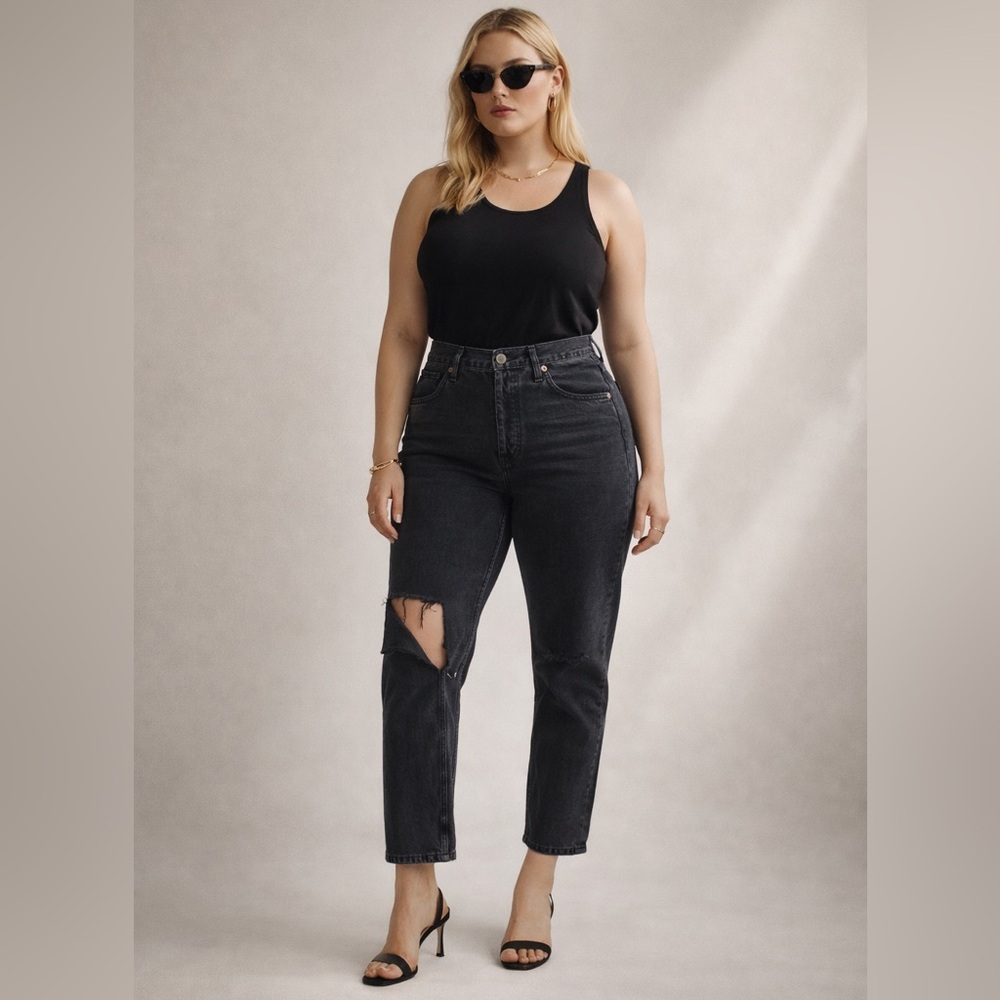 AGOLDE Riley High Rise Straight Crop Jeans Contraband Black Distressed Size 31